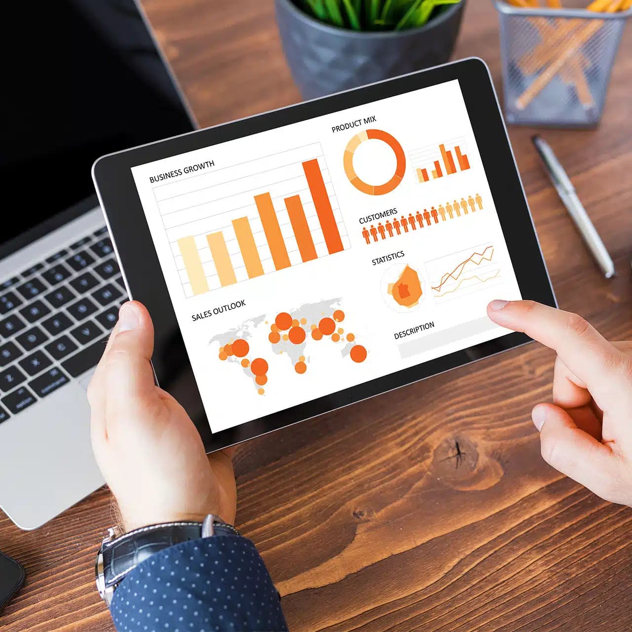 Business reports and customer data on a tablet
