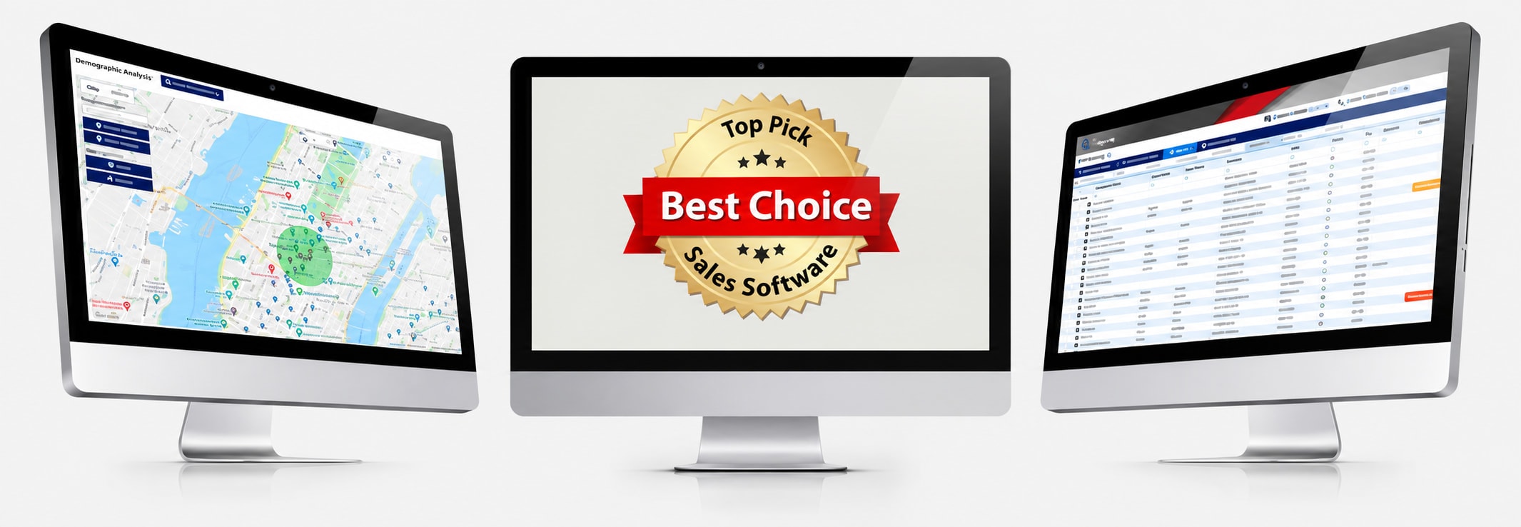 DatabaseBuilder on three screens: a demographic analysis map, the Top Pick Best Choice Sales Software award, and the company lead grid.