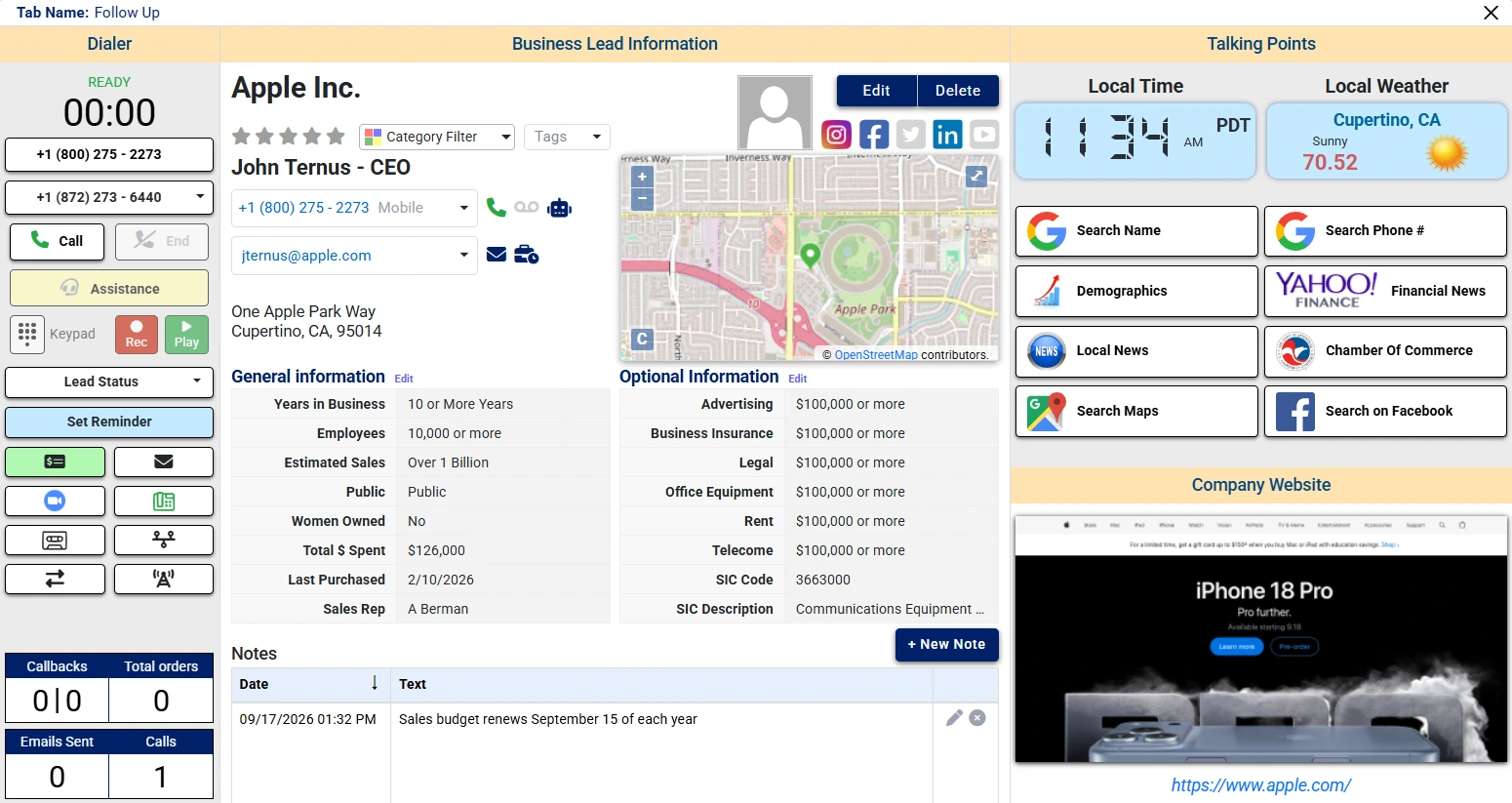 The DatabaseBuilder lead screen: a dialer with click-to-dial and call recording on the left, the full business lead record in the middle, and talking points with local time, weather and one-click research on the right.