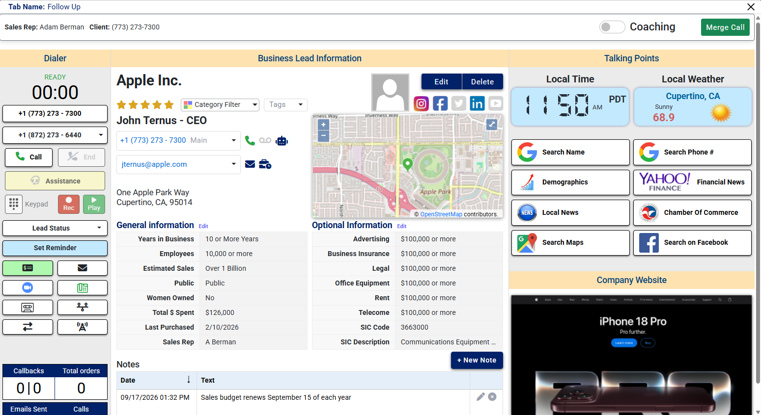 A manager's view of a rep's live call: Sales Rep Adam Berman and the client's number across the top, with the Coaching switch and a Merge Call button, over the lead screen the rep is working.