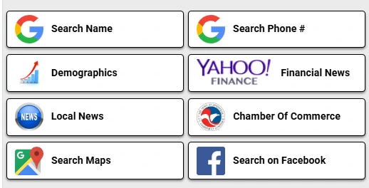 One-click research buttons: search name, search phone number, demographics, Yahoo Finance news, local news, Chamber of Commerce, Google Maps and Facebook.